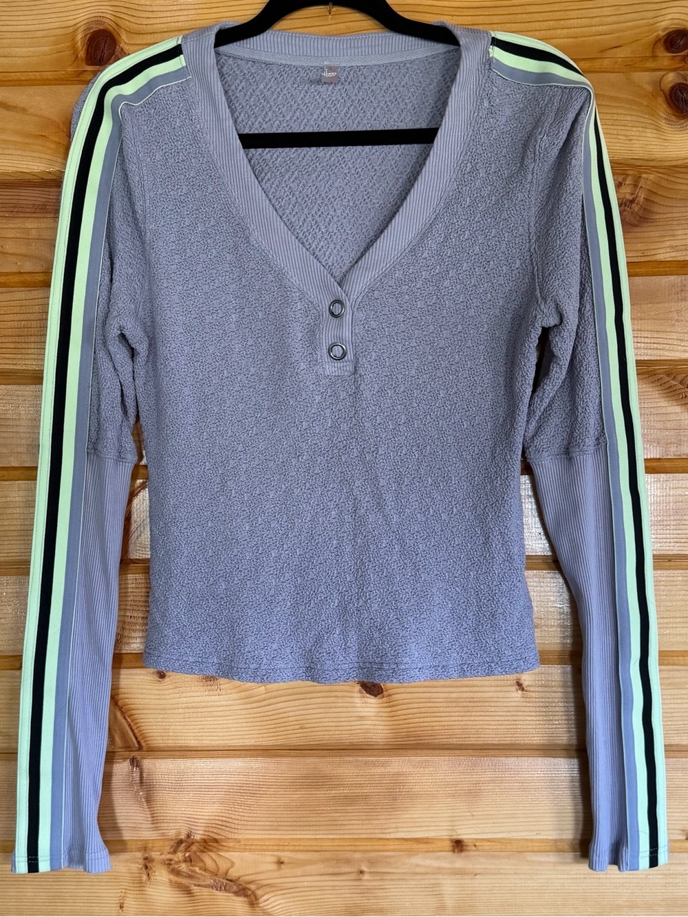 Free People Lavender V‑Neck Long Sleeve Top with Lime & Black Stripe